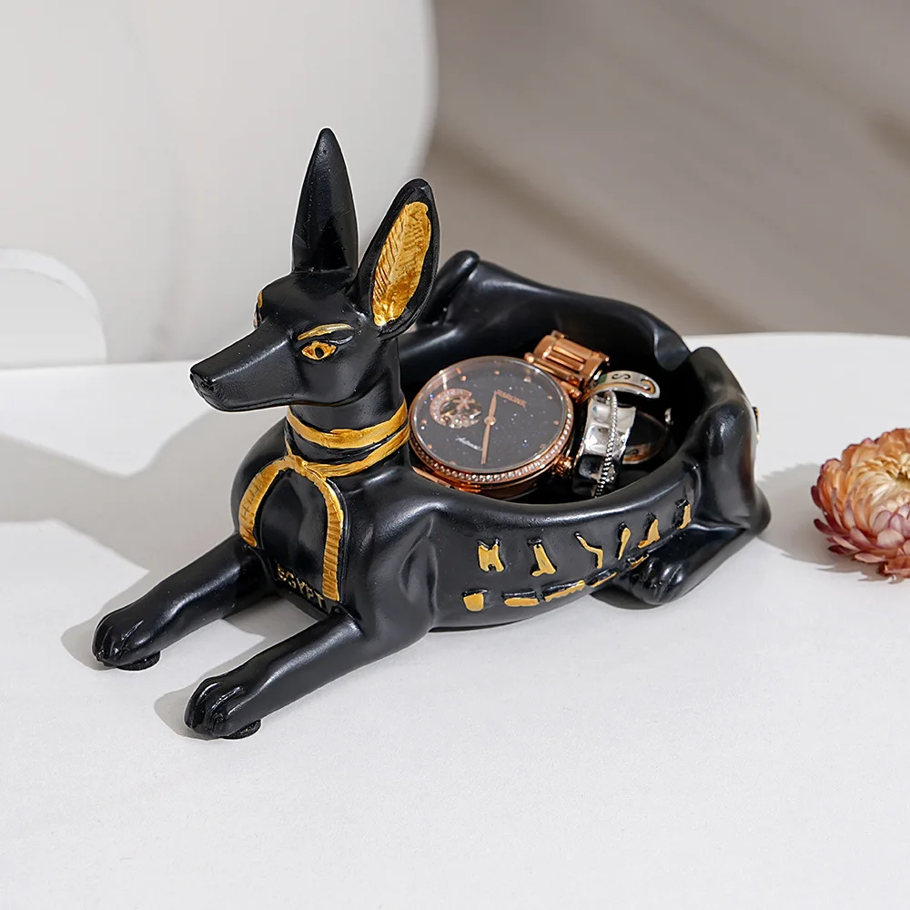 Resin Anubis Bastet Figurine Ashtray Egyptian Statue Luxury Fortune  Jewelry Box for Home Entrance Decor Ring Necklace Storage