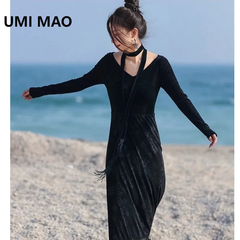 

UMI MAO Black Embossed Splicing Dress Spring V-neck Retro New Chinese Style Niche Design Dress Femme Y2K