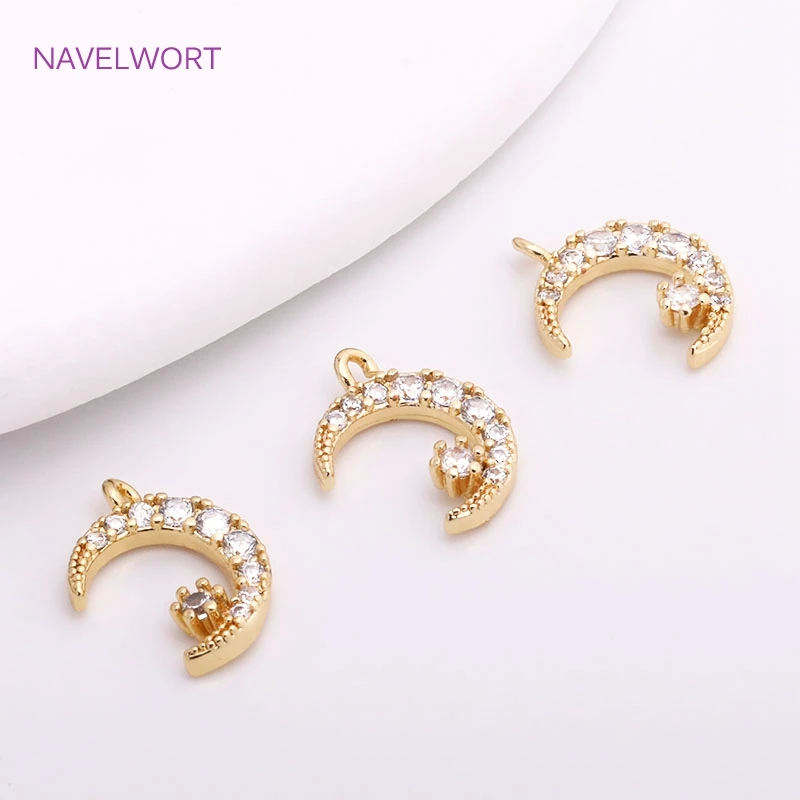 14K Gold Plated Crescent Moon Pendants For Jewelry Making, High Quality Brass Metal Inlaid Zircon Moon Charms Wholesale