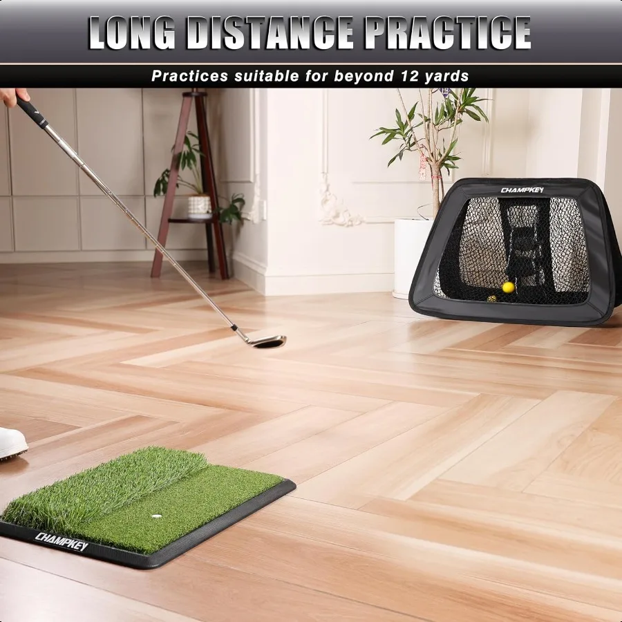 شبكة تقطيع الجولف مزدوجة الجوانب من CHAMPKEY مع حصيرة و12 كرة إسفنجية شبكة ممارسة الجولف الاحترافية مثالية للداخلية والخارجية