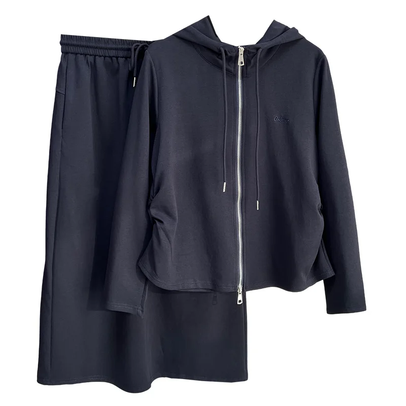 XXXXL moda plus size conjunto feminino outono novas roupas casuais com capuz zíper jaqueta e saia conjunto de duas peças