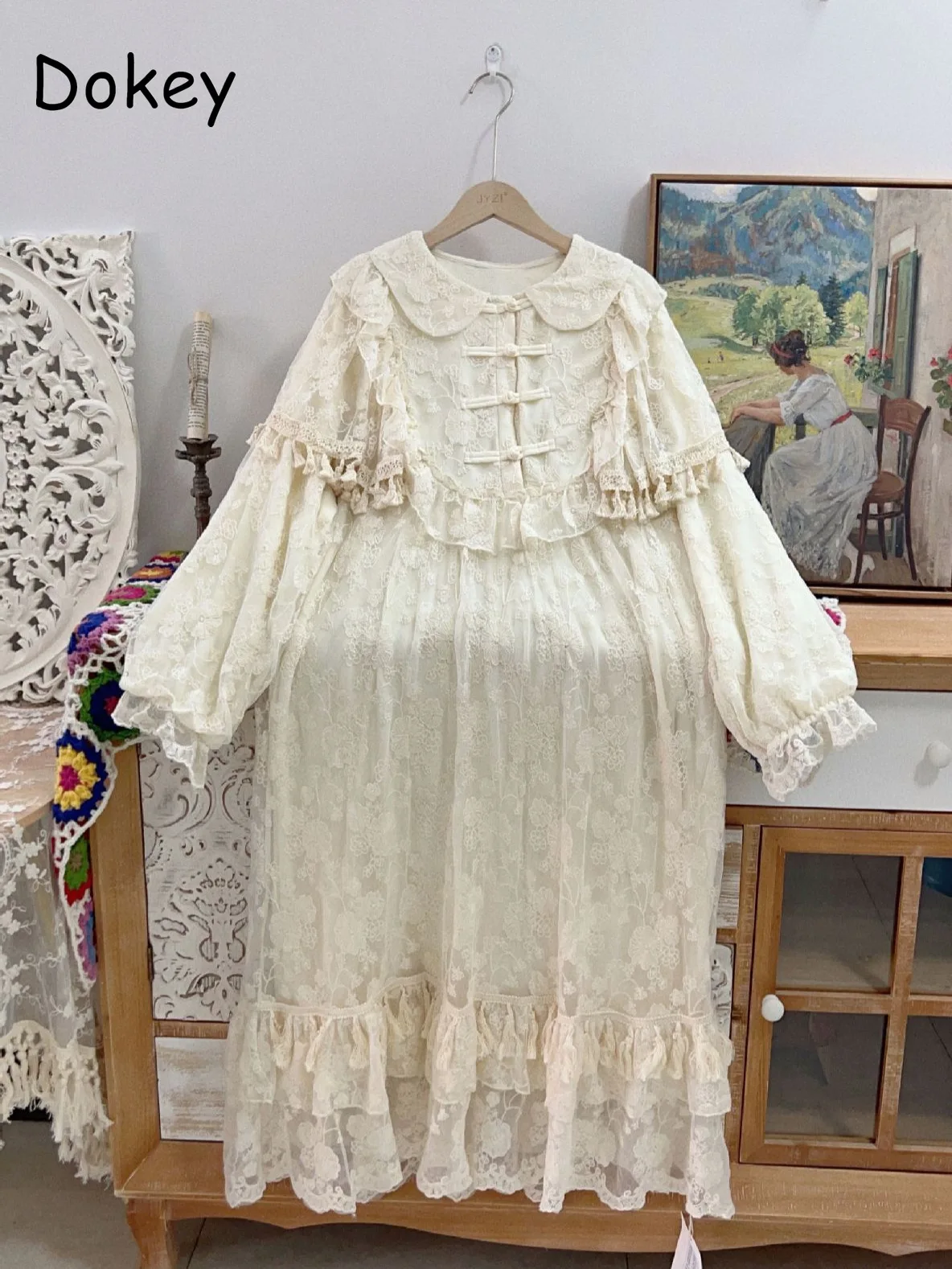 Vintage Embroidery Lace Ruffled Plush Dress Women Japanese Mori Girl Doll Collar Kawaii Dress Autumn Warm Fleece A-line Vestidos