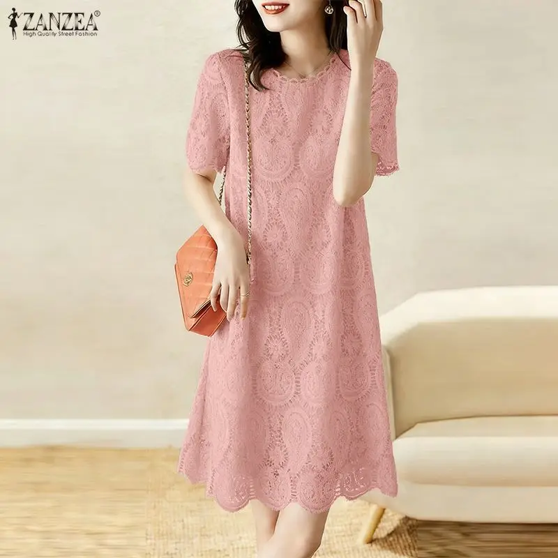 

Летнее платье ZANZEA 2026 для женщин: элегантное, с кружевными вставками, коротким рукавом, вышивкой, однотонное, до колен, для отпуска