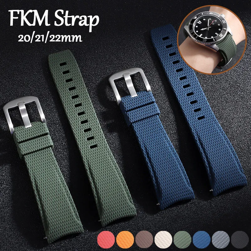 20mm 22mm Curved End FKM Rubber Watch Strap for Omega for Swatch Universal Band Waterproof Sport Bracelet for Longines for Rolex