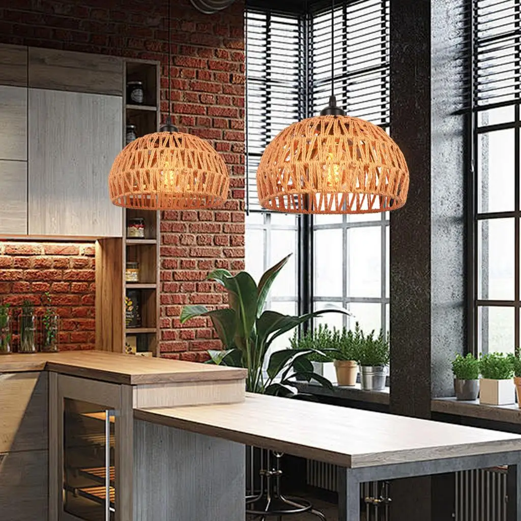 Boho Rattan Pendant Light Fixture Vintage Industrial Hand Woven Hemp Rope Hanging Lamp Retro Wicker Basket Ceiling Chandelier