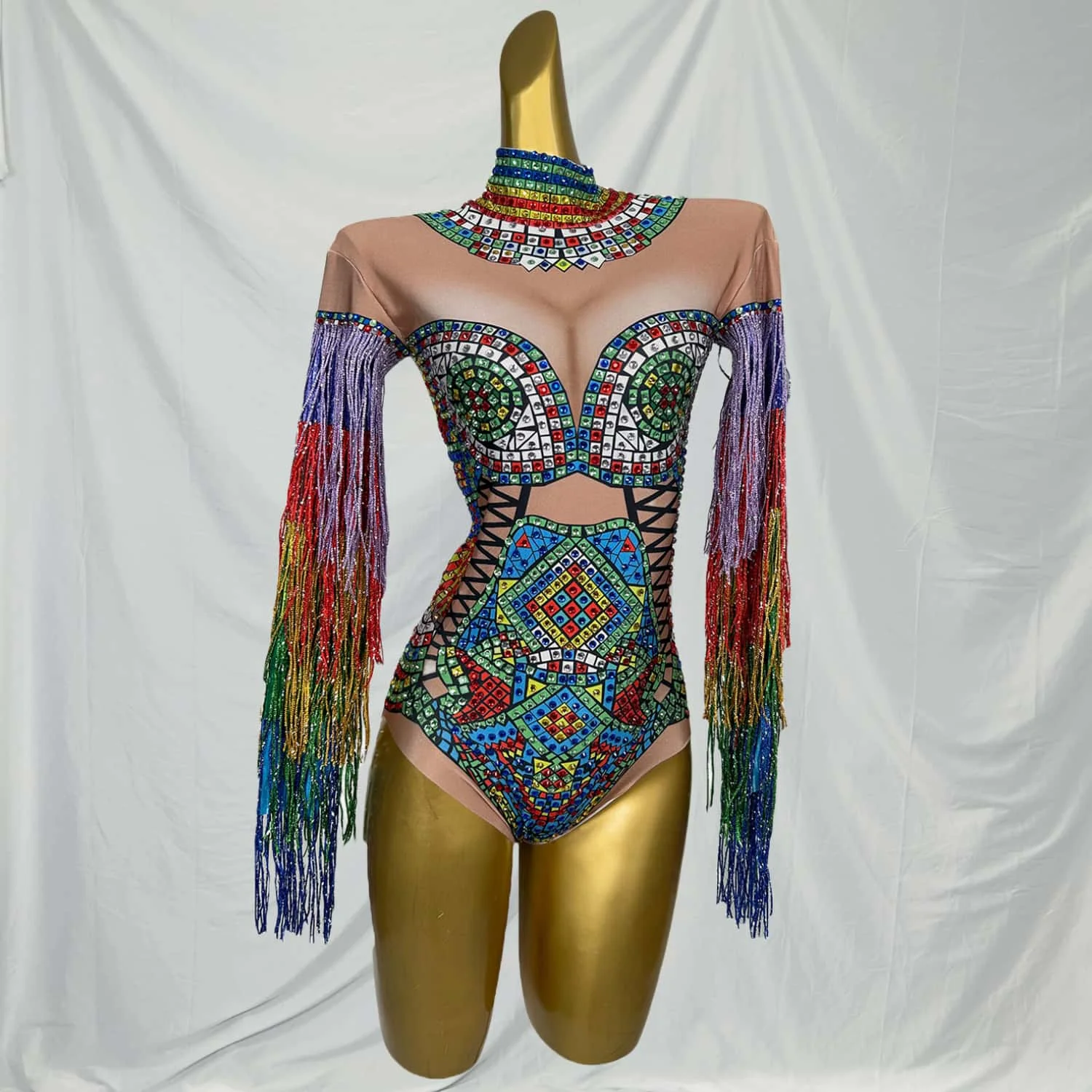 

Cizhuan Multi-color Rhinestones Tassel Bodysuit Sexy Nightclub Dancer Party Stage Wear Pole Dance Fringe Crystal Leotard Costume