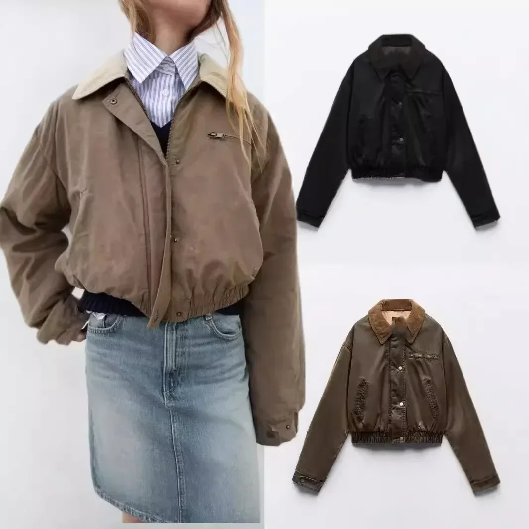 Women Quilted Coats Zipper Turn Down Collar Splice Jackets Solid Cargo Jacket Long Sleeve Splice Casual Outwear Autumn