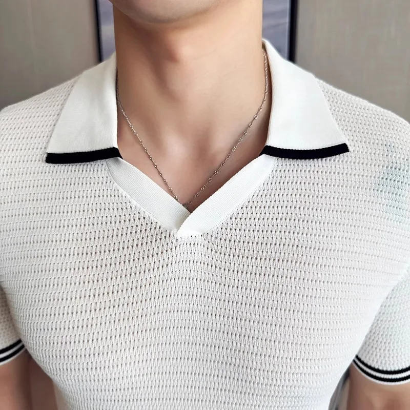 Summer Thin Ice Silk Polo Shirts Men Fashion V-neck Casual Knitted T-shirts Business Lapel Tee Social Office Streetwear Polo image 6