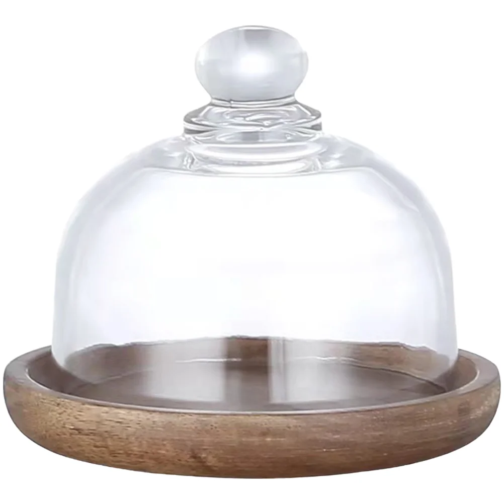 Glass Lid Tray Wood Cake Plate with Dome Display Shelves Acacia Multi-use Holder