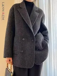 LANMREM Office Lady Two Sided Wool Coat Women Solid Color Notched Collar Double Breasted Clothing Autumn Winter New 2DA9303