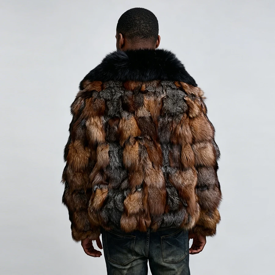 Natural Fox Fur Coat With Large Wing Collar Real Fox Fur Zippered Bomber Jacket Short Cropped Fur Coat New Men's Winter Jacket