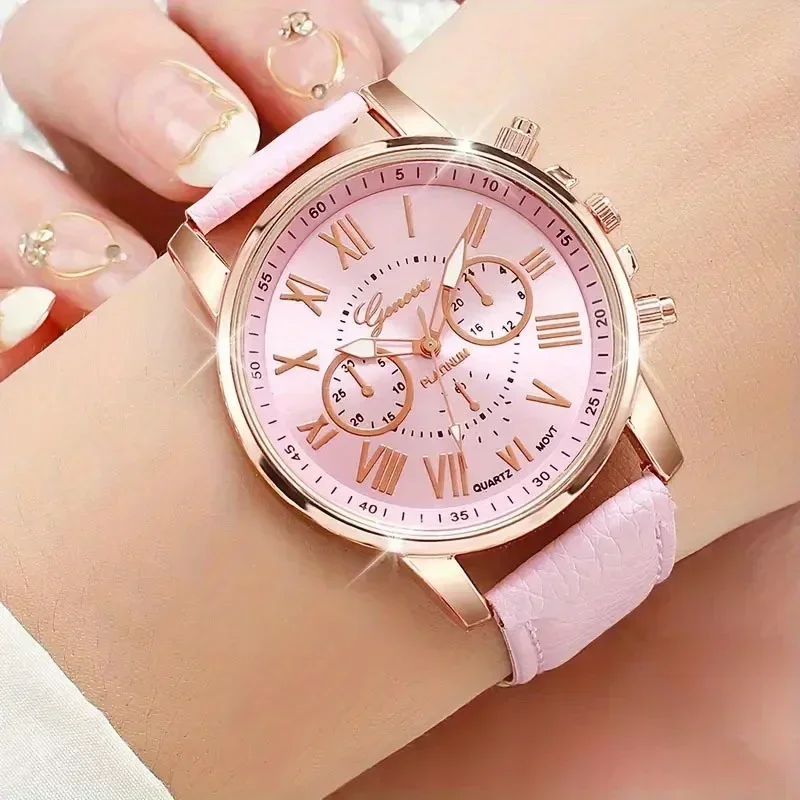 5pcs Fashionable Women's Watch with Simple Roman Dial Quartz Watch, Women's Leather Strap Watch Bracelet Set (no Box)