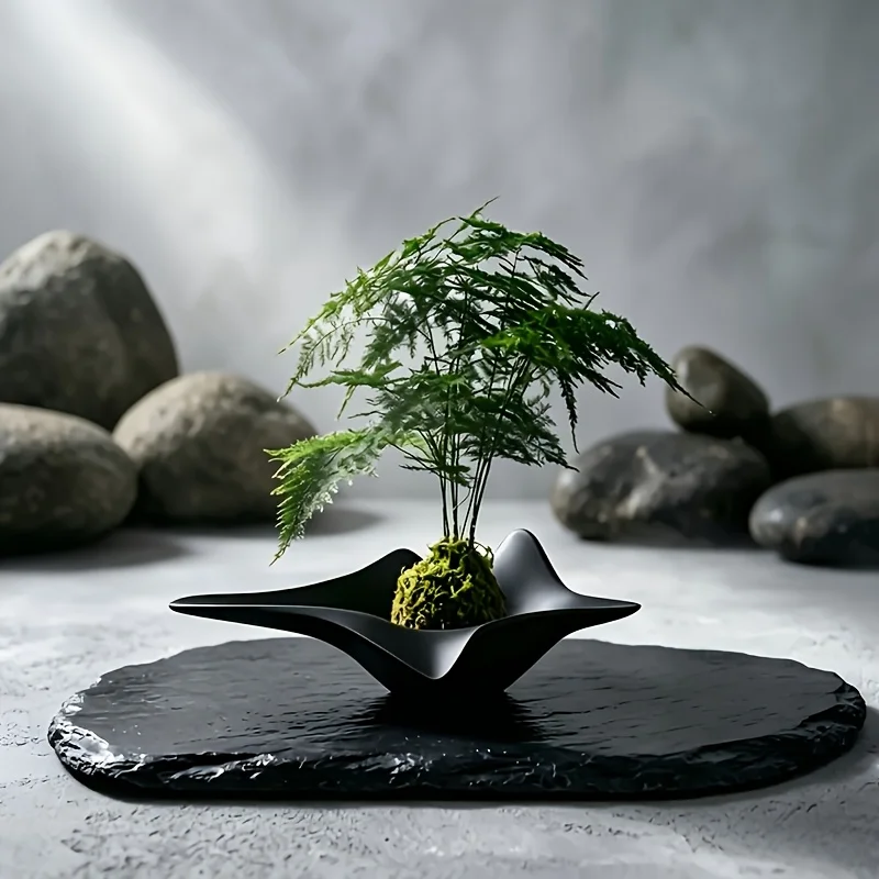 Abstract Curved Ceramic Plant Pot, Modern Black Irregular Bowl Vase, Tabletop Centerpiece Decor Holder for Moss Ball, Dried