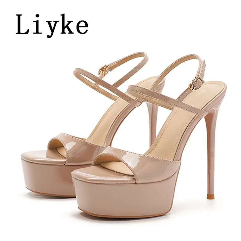 Liyke Summer Fashion Open Toe Buckle Strap Women's Platform High Heels Sexy 14CM Sandals Female Party Dress Stiletto Shoes Black