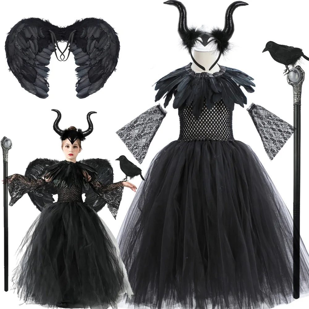 

Halloween Costume Maleficent Tutu Dress For Girls Cosplay Evil Queen Black Mesh Princess Dress Wand Demon Witch Costume Kids