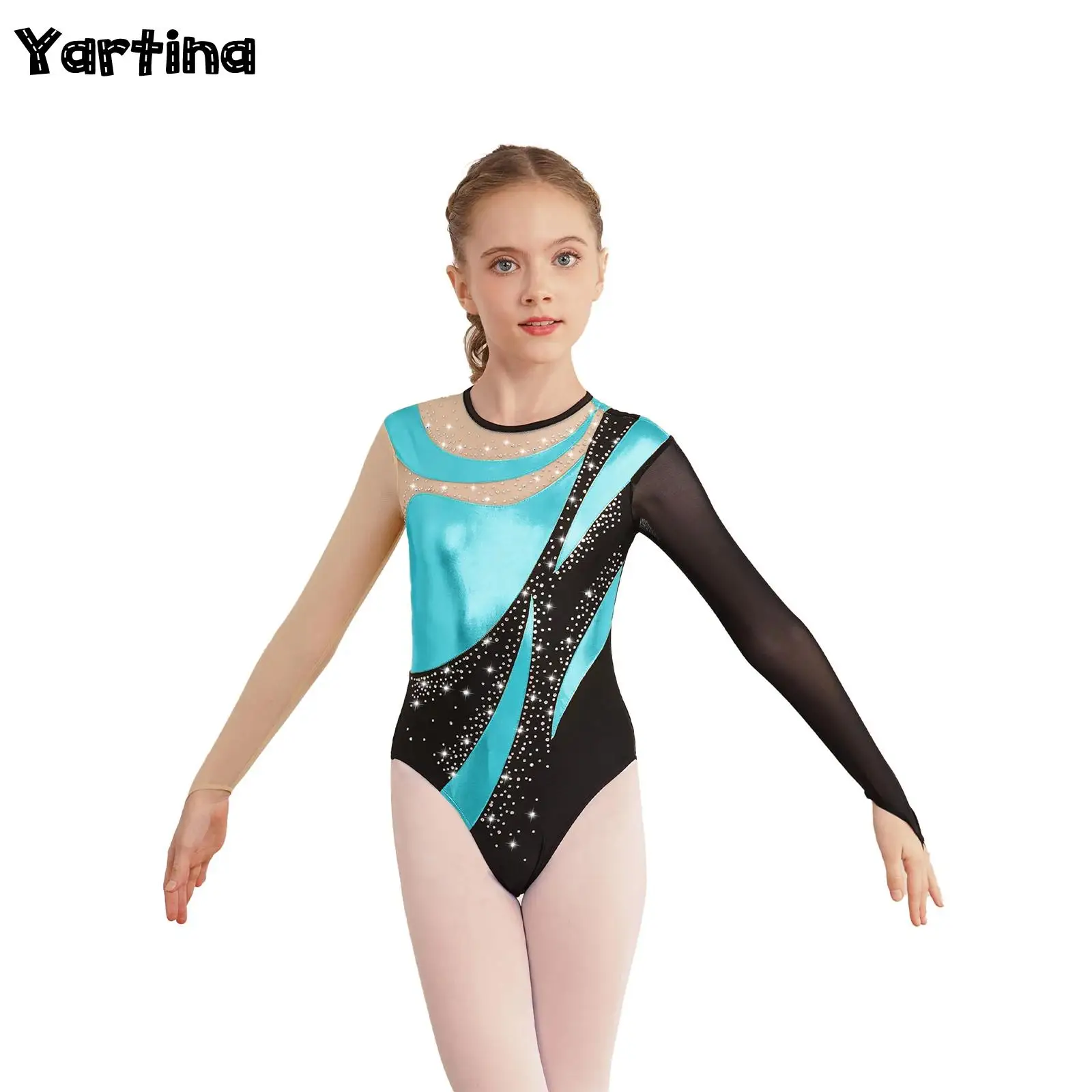 Bambini ragazze ginnastica ritmica balletto Jersey artistico pattinaggio artistico Costume Mesh buco della serratura indietro Metallic Ballet Dance body