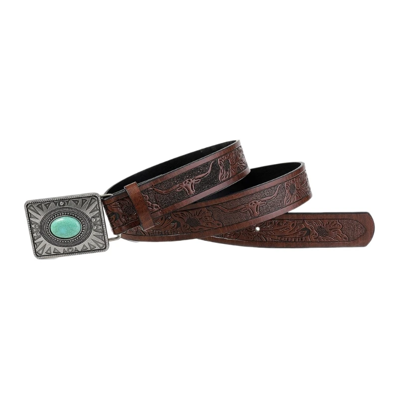 Embossing Pattern Belt Adult Bohemian Belt Vintage Turquoise Buckle Waiststrap