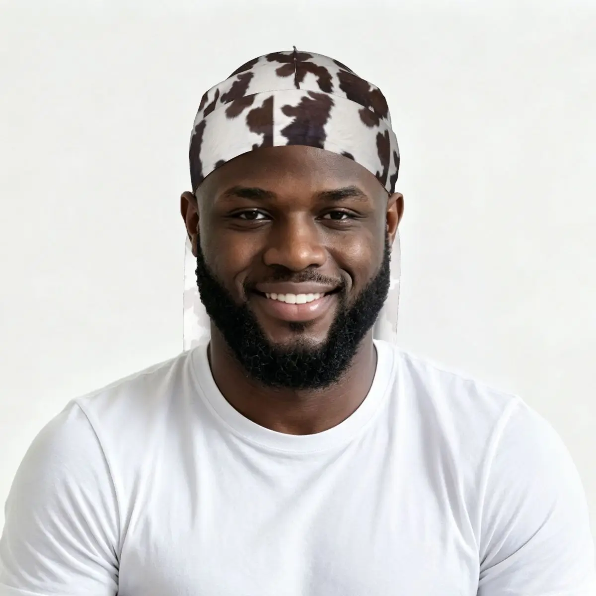 Men Satin Long Tail Doo Rag Durag Cow Skin Texture Print Head Wrap Hair Scarf