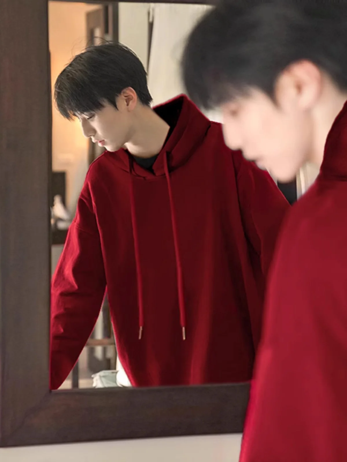 

Красная мужская толстовка в уличном американском стиле, плотная, осенняя, однотонная, повседневная, свободного кроя