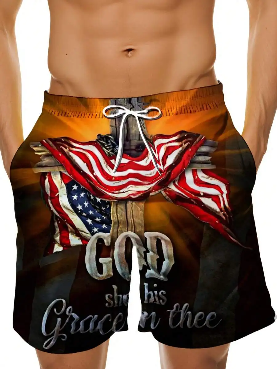 

American Flag God Show His Grace On Thee Men Beach Shorts Patriotic Summer Swim Trunks