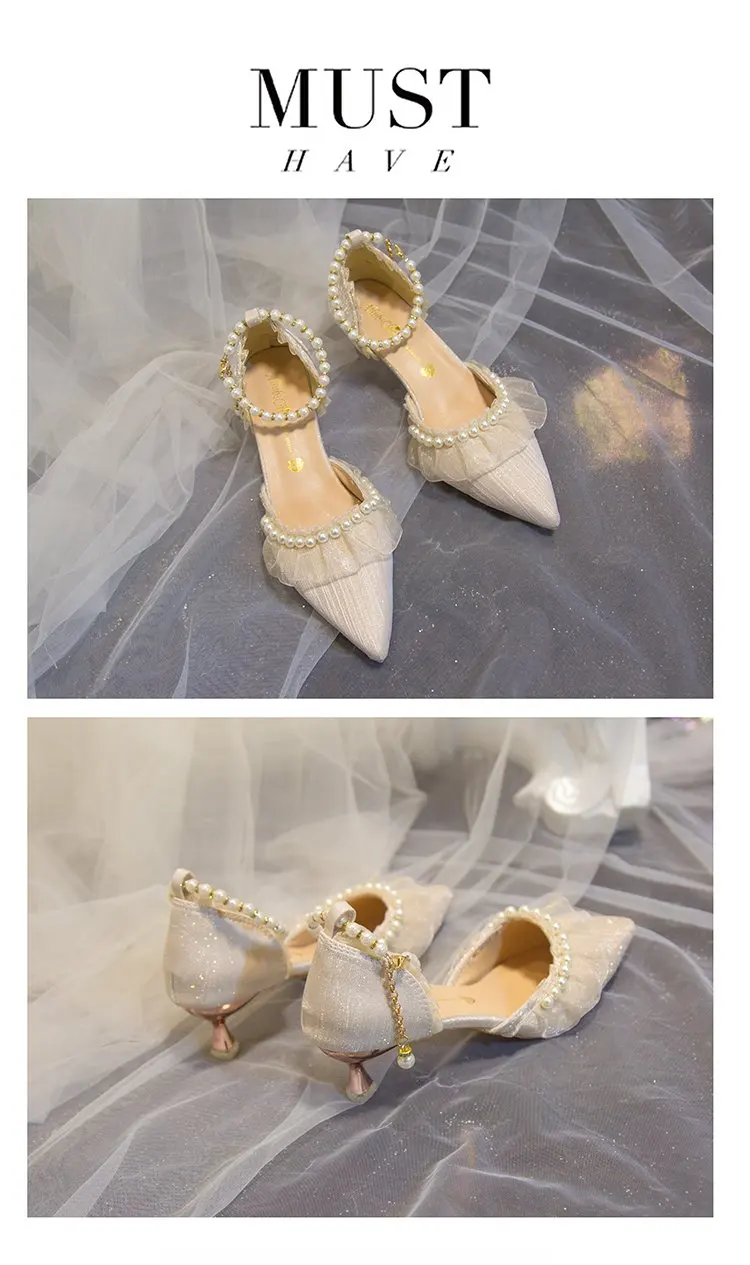 Weiße Hochzeitsschuhe für Damen 2026 Sommer Luxus Seide Perlen Knöchelriemen High Heels Pumps Spitze Damenschuhe mit Absatz – Detail 19
