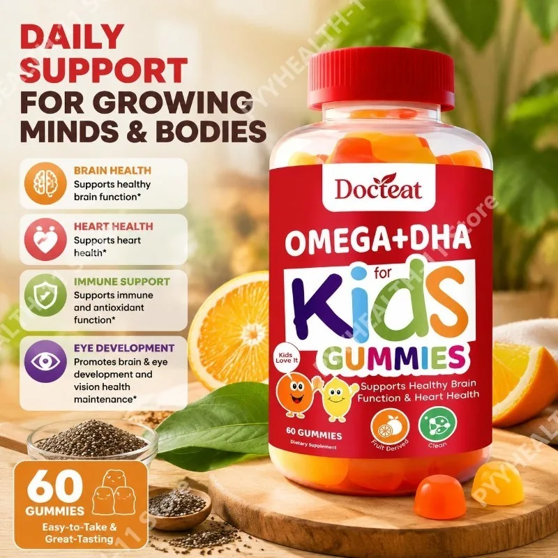Gomitas Omega 3 DHA para Niños con DHA de Algas, Aceite de Chía y Vitamina C para la Función Cerebral y el Apoyo Inmunológico, 60 Gomitas