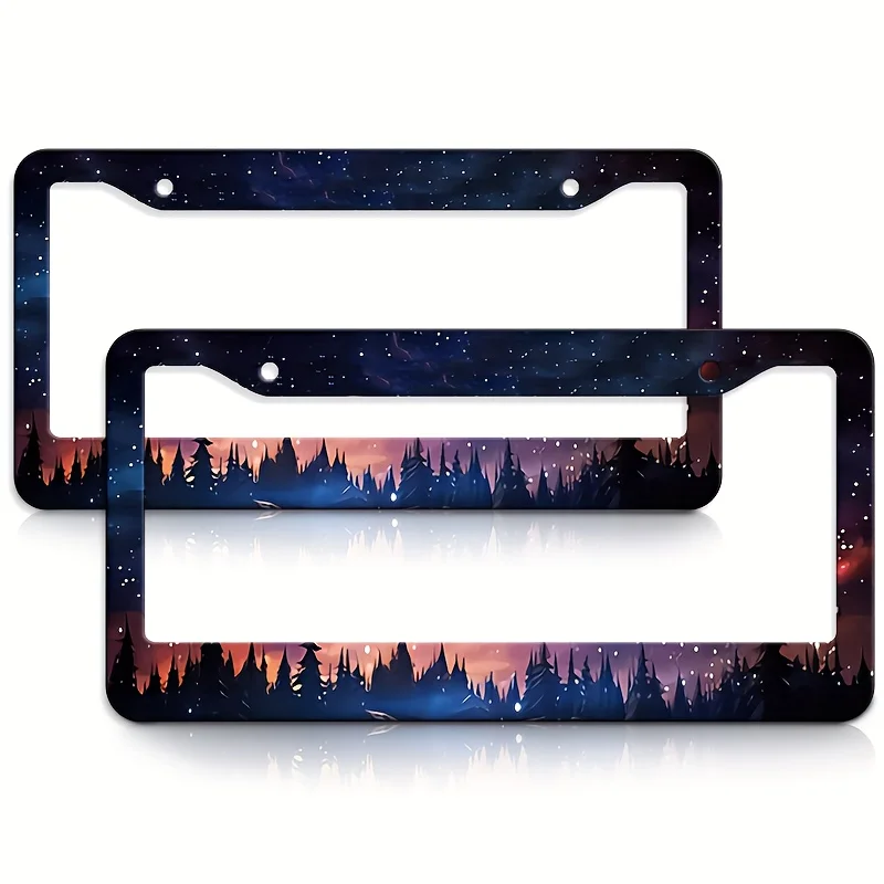 

Рамка для номерного знака с изображением леса, узором «Звездная ночь» и соснами, универсальный держатель для автомобильного номерного знака, декор из нержавеющей стали для авто