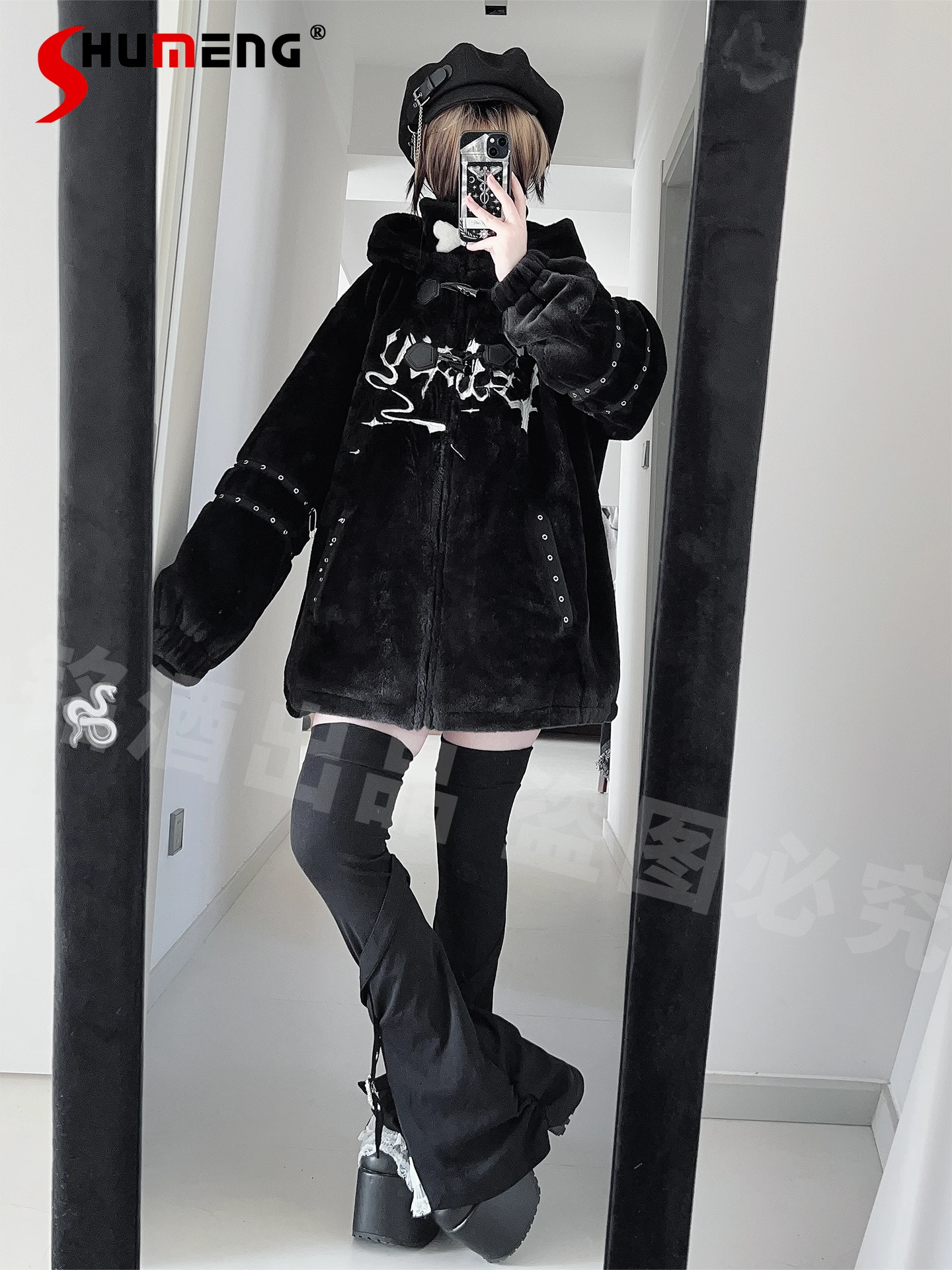 

Faux Fur Coat for Women Subculture Punk Style Plush Warm Faux Fur Jacket Girls Winter Sweet Cool Fashion Hooded Sweatshirt 2025