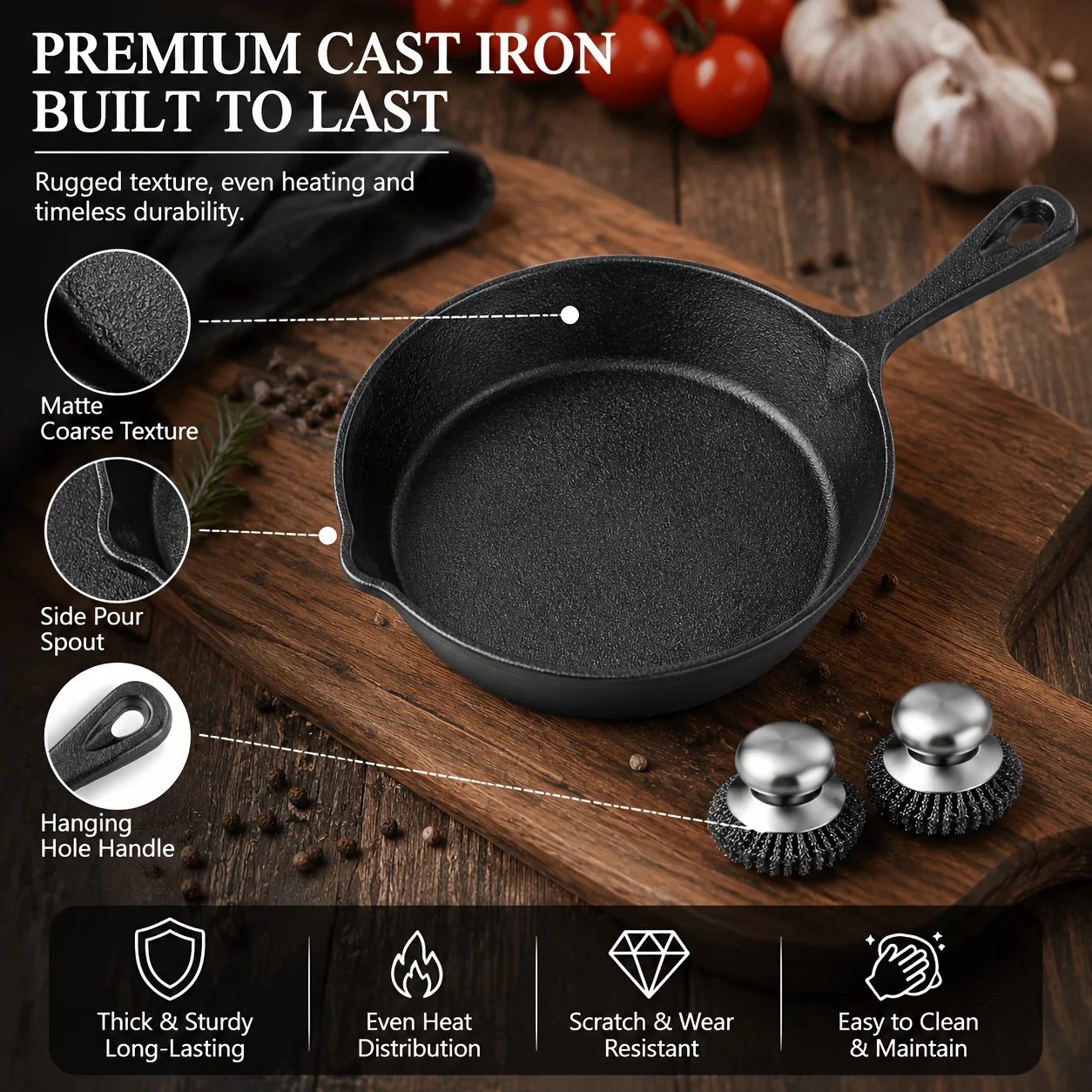 

6pcs Cast Iron Skillet Set, Cast Iron Uncoated Skillet Set, 5 Inch 6 Inch 8 Inch 10 Inch Cast Iron Frying Pan + 2 Wire Balls, Household Pans, Kitchen Additions, Home Cooking, Cast Iron Skillet