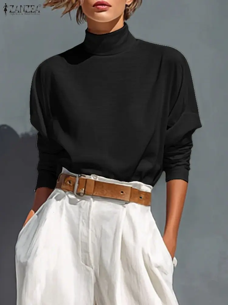 

ZANZEA Women's Autumn Fashion Black Blouses Stylish Turtleneck Long Sleeve Solid Color Cozy T-Shirts Everyday Casual Tops S-3XL