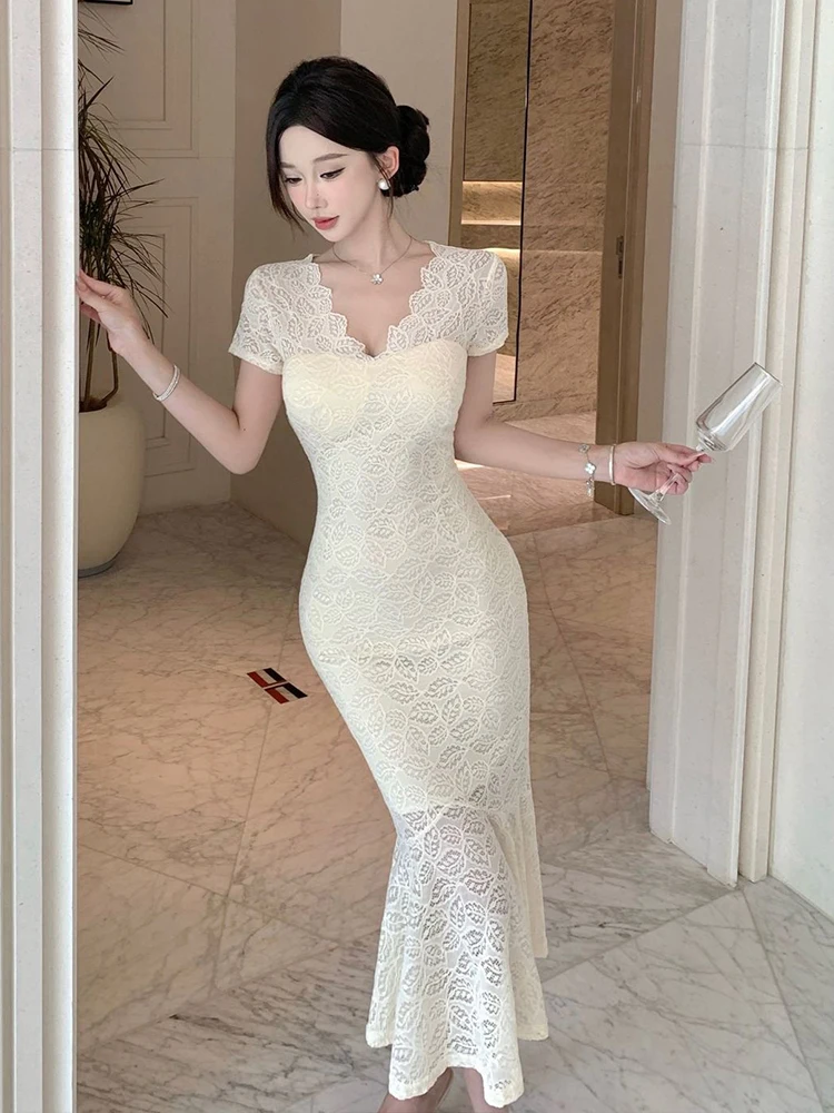 Robe de soirée française Fairycore pour femmes, douce, rose, transparente, dentelle, Boydocn, queue de poisson, Robe de bal, de rue