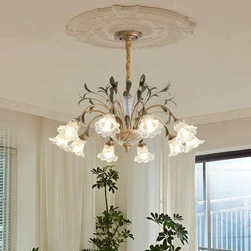

SANDYHA Retro French Minimalist Floral Chandelier Elegant Wrought Iron Lamp for Bedroom Dining Room Creative Lighting