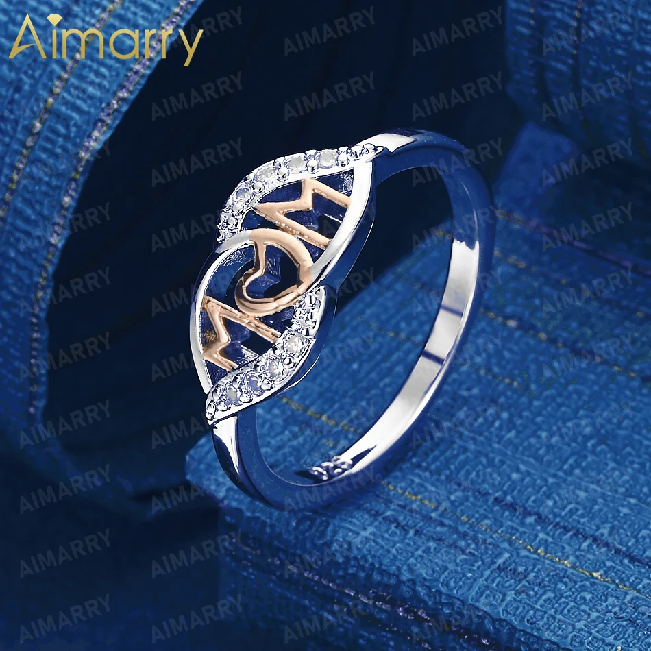 925 Sterling Silver 7-10# Two Tone Heart-shaped Letters MOM AAA Zircon Ring Women's Anniversary Fashion Jewelry