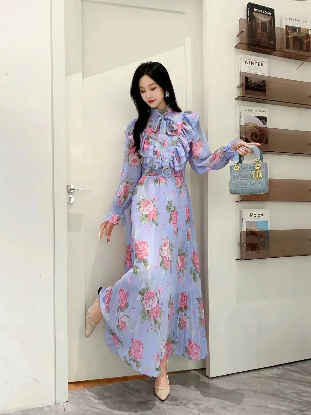 2023 New Spring Autumn Women Long Sleeve Belt Slim Long Dress Sweet Ruffles Patchwork Pleated Big Hem Chiffon Floral Dress