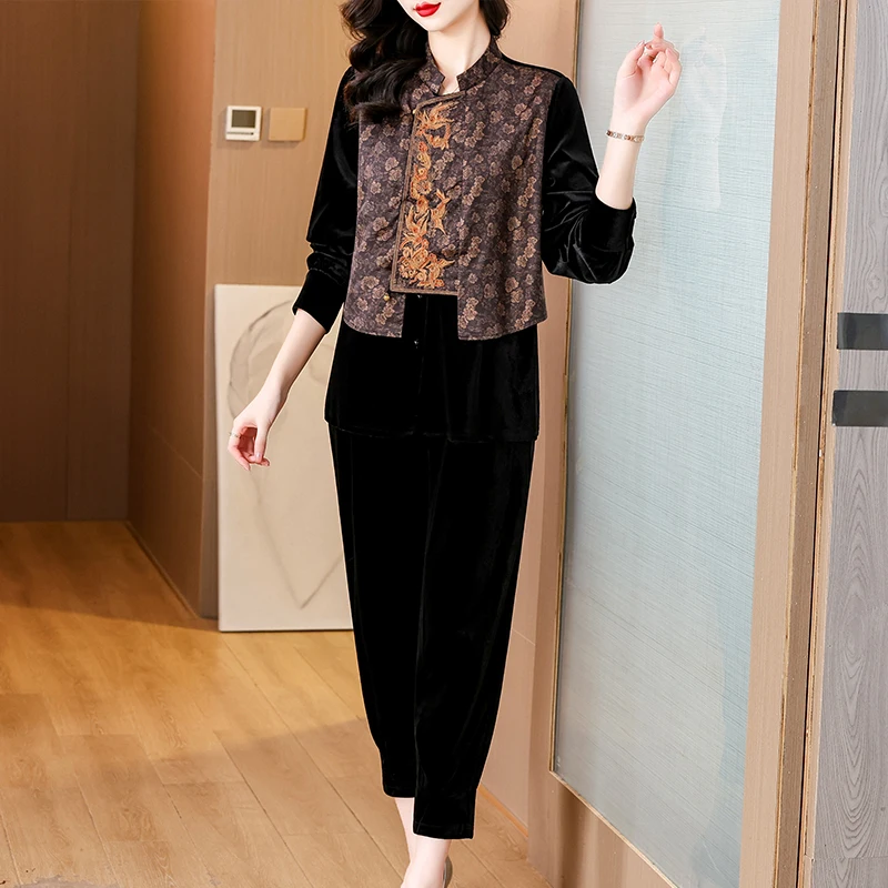 Autumn Black Velvet Long Sleeve Top Coat+Pants Skirt Two Piece Sets 2024 Female Chic Patchwork Beading Ruffled Pants Suits