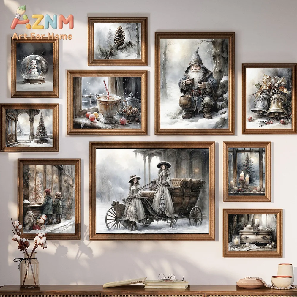 AZNM Vintage Winter Town Canvas Wall Art Snowy Village Forest Rabbit Cozy Interior Watercolor Style Christmas Home Unframed Canv