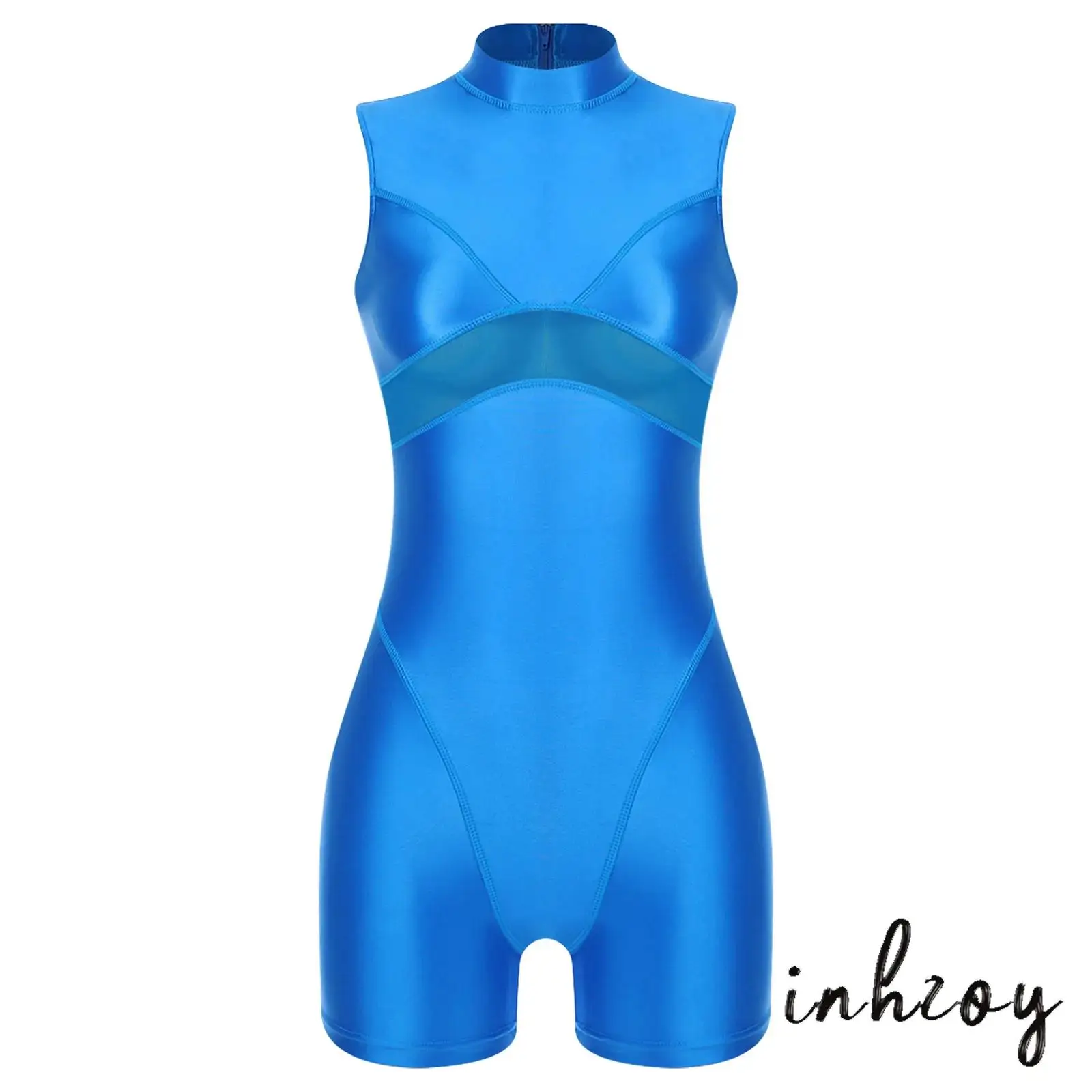 

Womens Oil-shiny Bodysuit Swimwear Sheer Mesh Patchwork Mock Neck Sleeveless Boxer Bottom One Piece Bathing Suit Yoga Sportswear