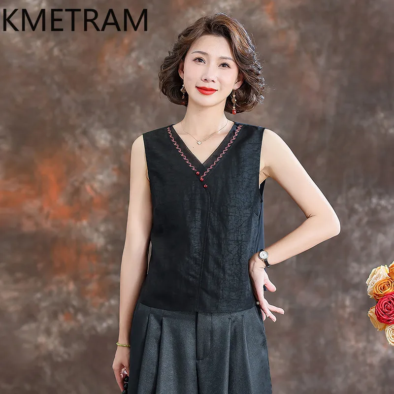 KMETRAM 100% Mulberry Silk Xiangyunsha Women's Tanks 2026 Summer New Embroidered Sleeveless Vest Inner Layer Tops Blusa Feminina