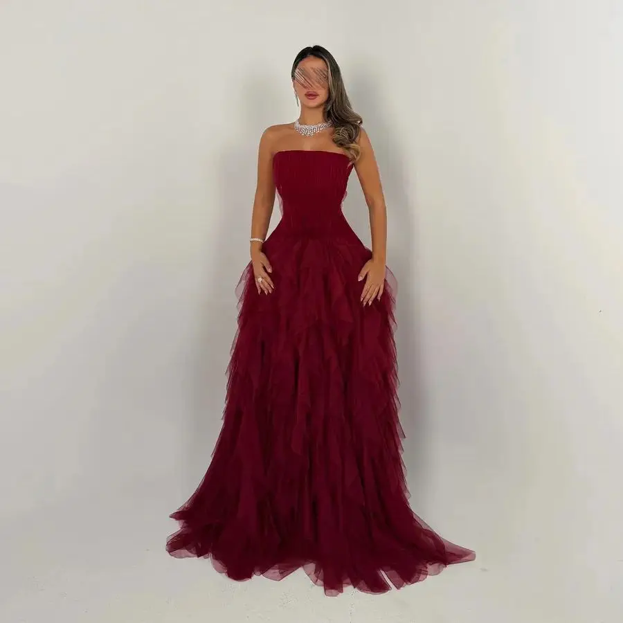 Elegante borgonha vestidos de noite encantador uma linha babados vestido de gala personalizado formal brithday feminino robe de soriee