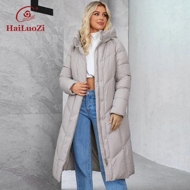 HaiLuoZi 2024 Zimowy płaszcz damski Plus Size Długi płaszcz Parker Pas Ciepła bawełniana kurtka damska z kieszeniami Moda damska 628