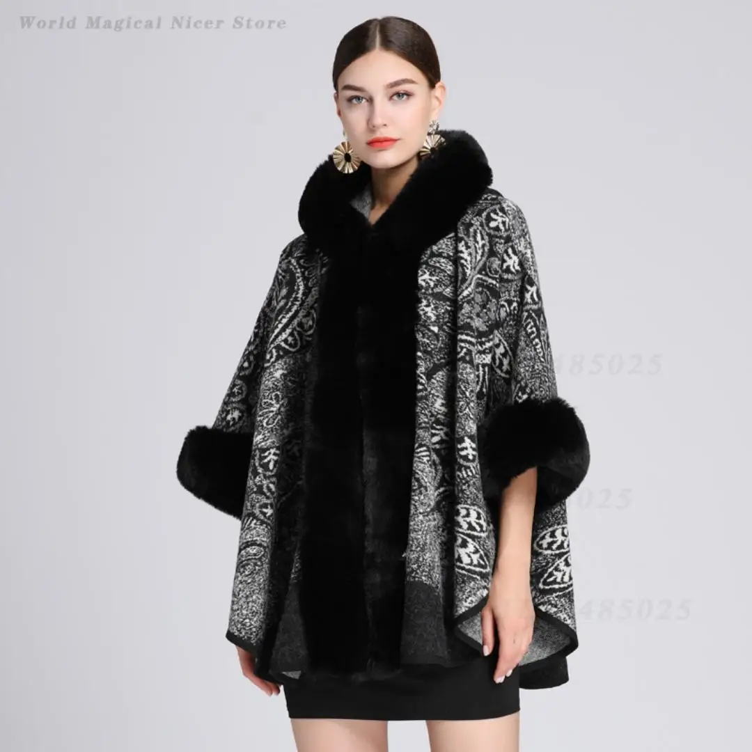 Fall Winter Women Oversized Hooded Jacquard Knit Cape Faux Rabbit Fur Collar 60-80Cm 670G Heavy Warm Plus Size Poncho Shawl Coat
