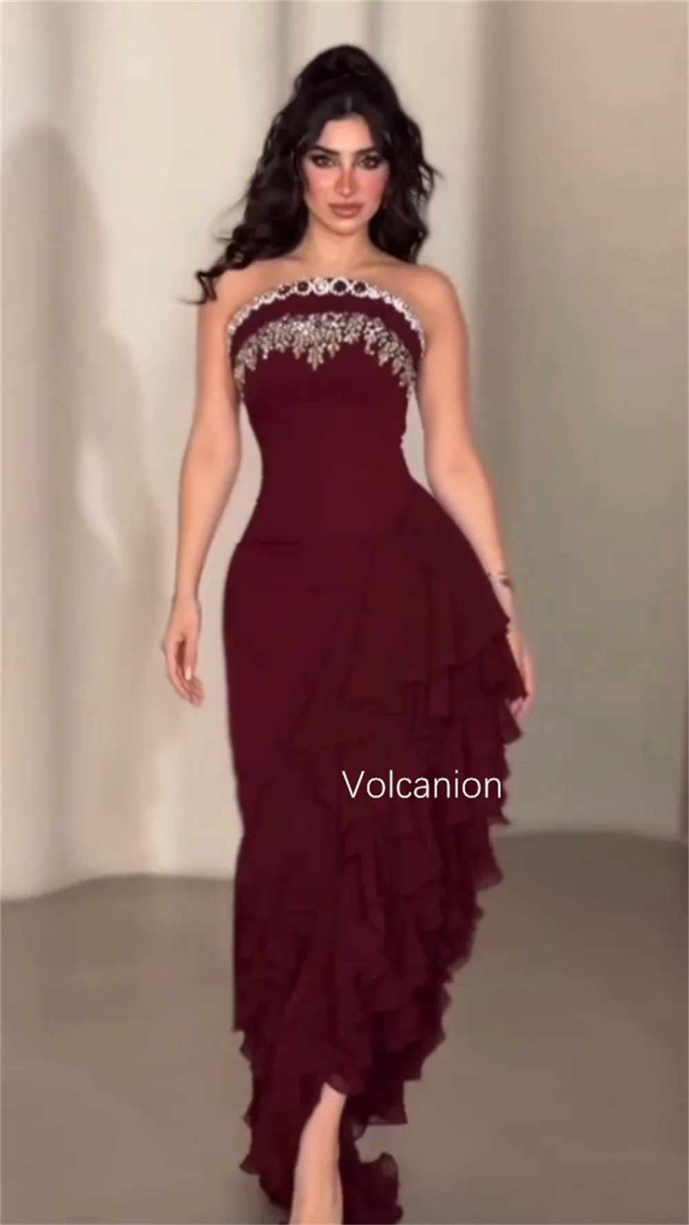 Customized Jersey Ruffle Rhinestone Strapless A-line Hi-Lo Dresses Bespoke Occasion Prom Classic Exquisite Matching