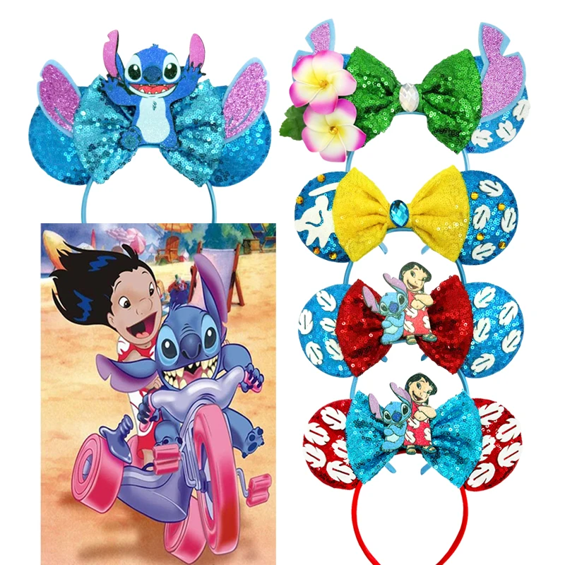 2024 Mickey Mouse Ears Headbands Women Party Hair Accessories Cartoon Lilo Stitch Headband for Girls Kids Sequins Bow Hairband