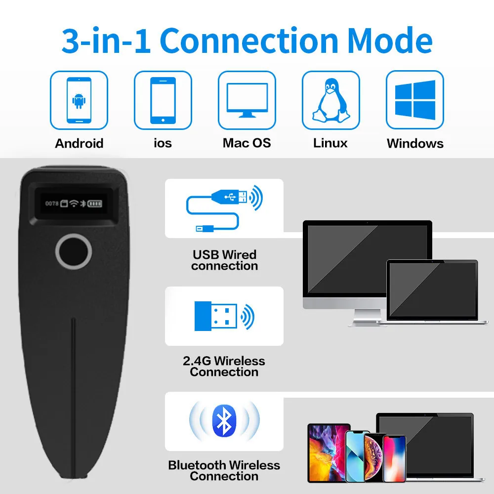 QR Code Reader Mini Barcode Scanner USB Wired/Bluetooth/ 2.4G Wireless 1D 2D Scanner PDF417 EAN13 Data Matrix Bar code Reader