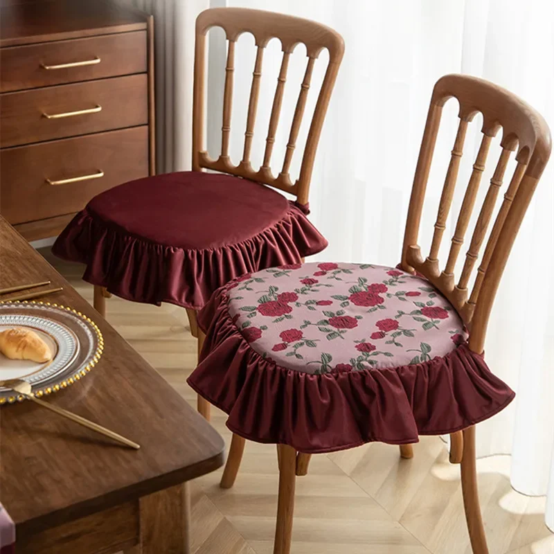 

French Style Ruffled Edge Chair Cushion Pads Thin with Strap Stool Cushion Wholesale Home Decoration