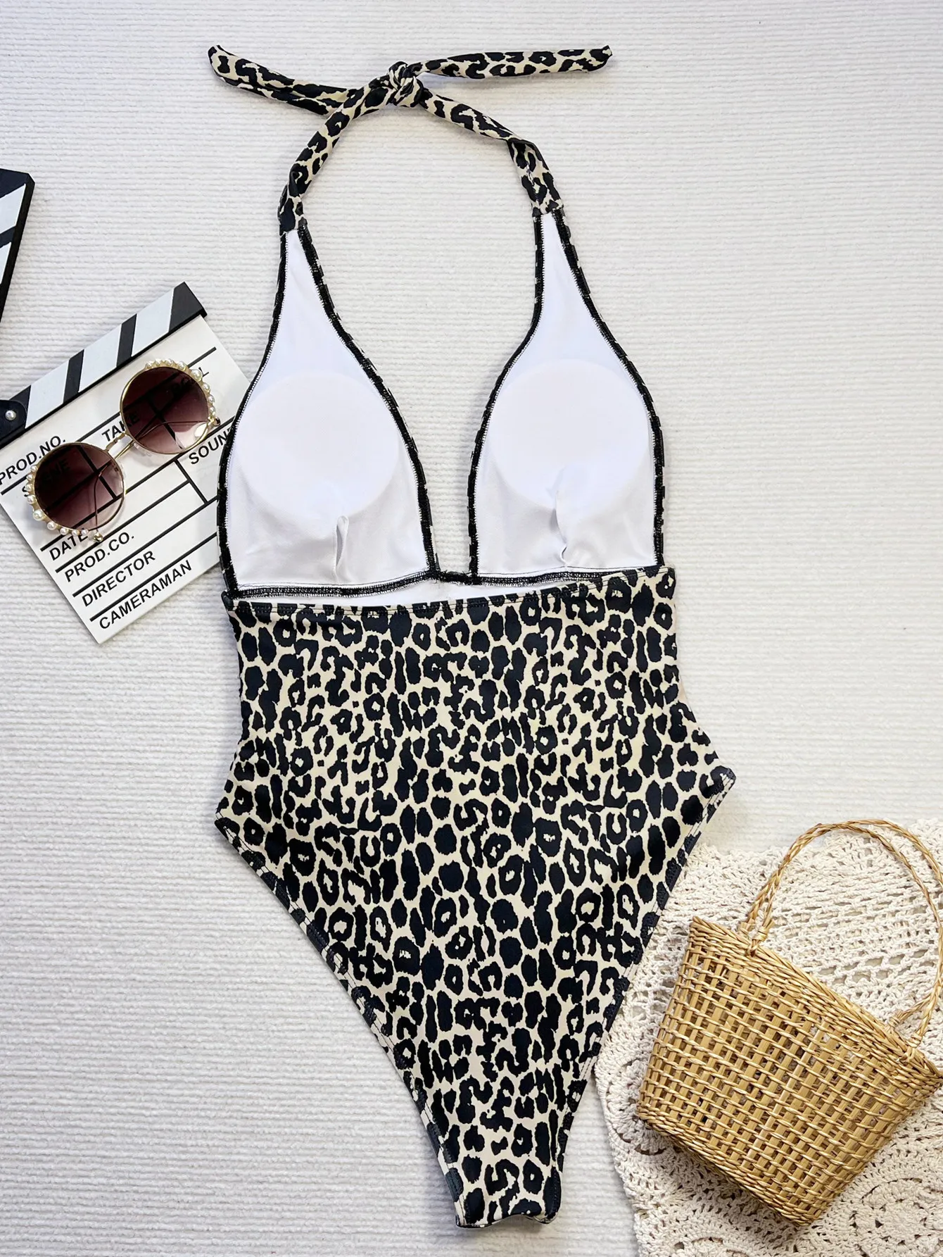 sexy wrinkled leopard print deep v-neck swimsuits one piece halter women's bikinis swimwear bathing suit beach outfits bodysuits