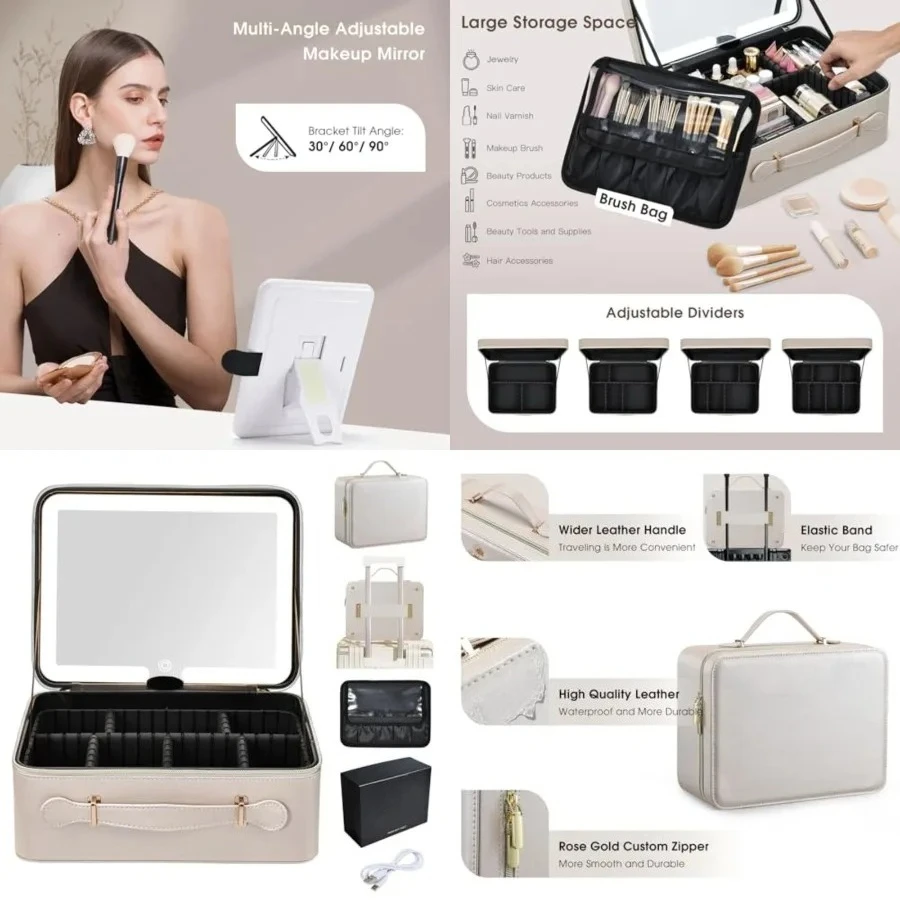 

Leather Makeup Case with LED Lighted Mirror 11.4 Inch Travel Makeup Bag Adjustable Brightness in 3 Colors Cosmetic Organizer Artist Storage Bag with Dividers Brush Holder Bag Vanity Pale Gold