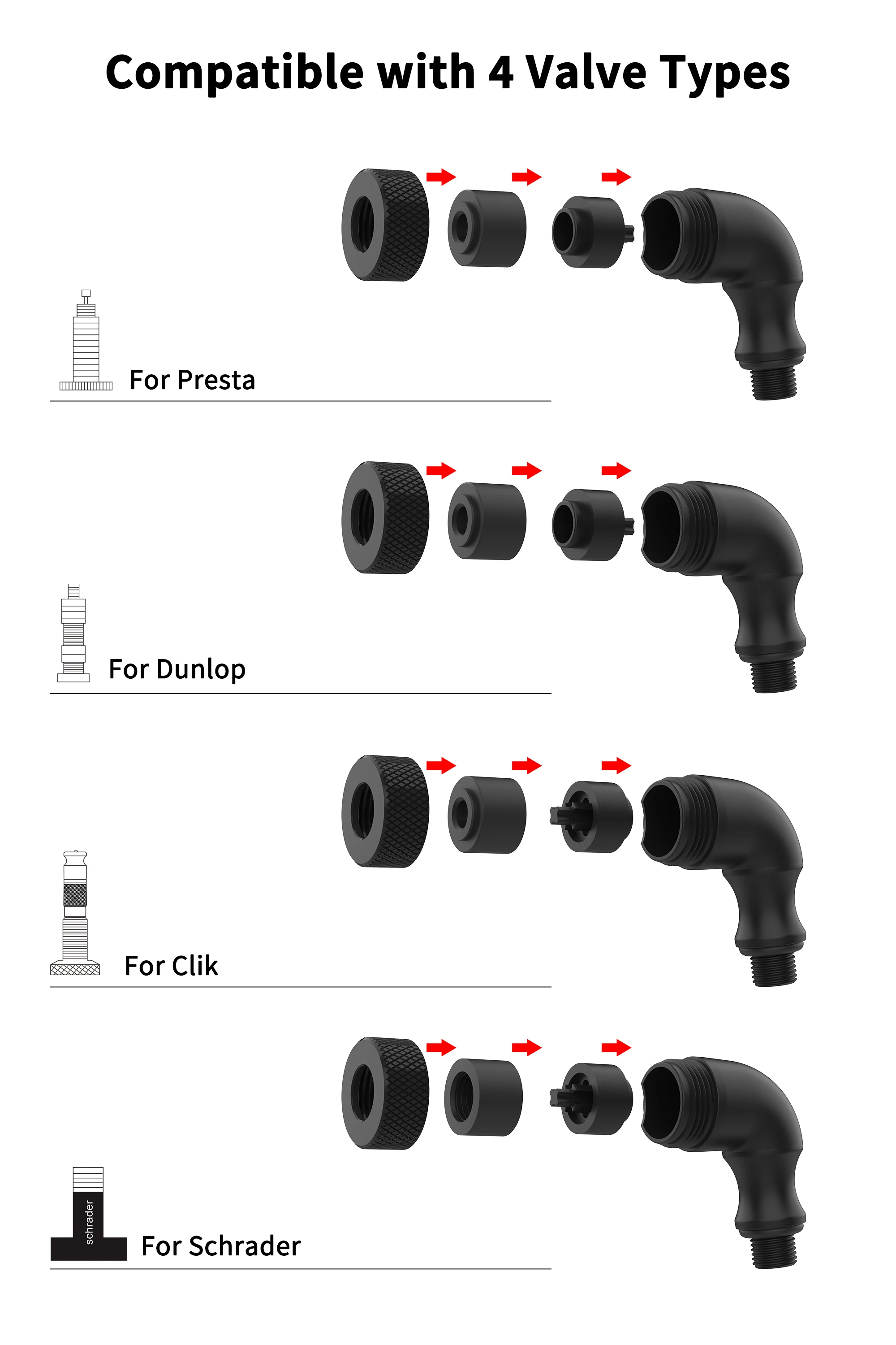 4-in-1 Universal-Luftpumpen-Düsenadapter Ventil-Konverter für Schrader, Presta, Dunlop, Clik-Ventile, Passend für MTB & Rennräder – Detail 2