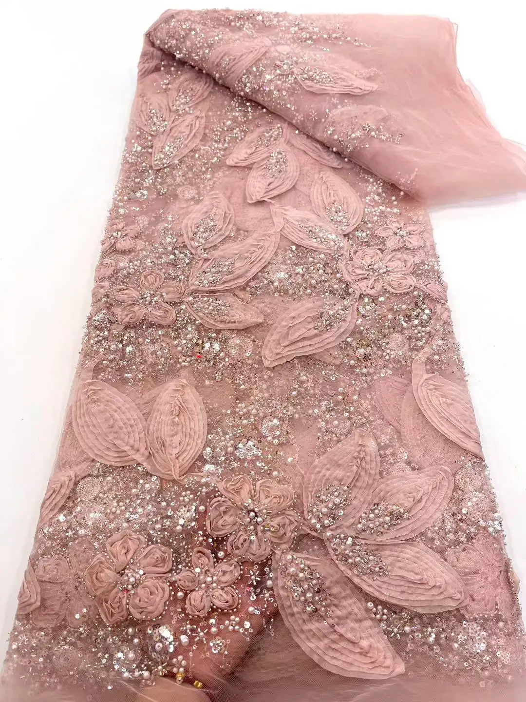 African Lace Fabric 2025 High Quality French 3D Flower Peach Sequins Embroidery Beads Tulle Lace Fabric For Party Dress 5 Yard