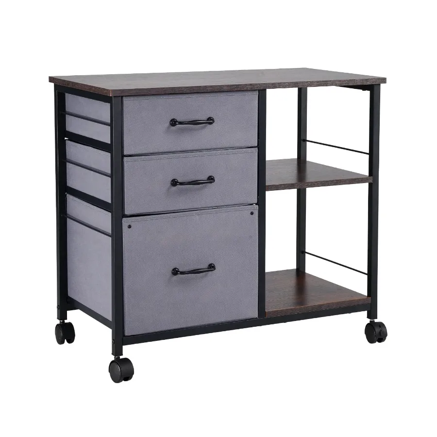

Metal File Cabinet Mobile Filing Unit with 3 Fabric Drawers and 2 Open Shelves Wooden Vertical Storage Cabinet with Wheels for